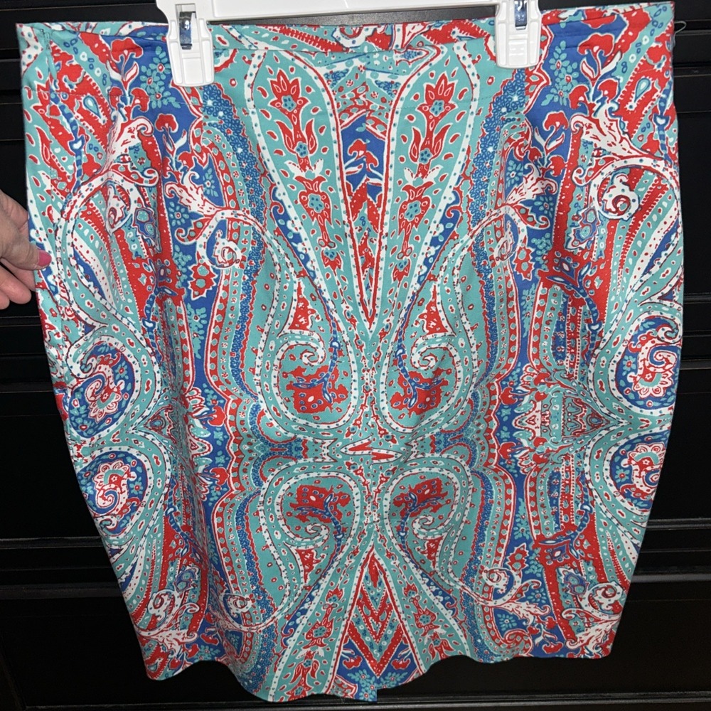 Jones New York Size 10 Pencil Skirt Knee Length Aqua Blue Red Paisley - Picture 6 of 8